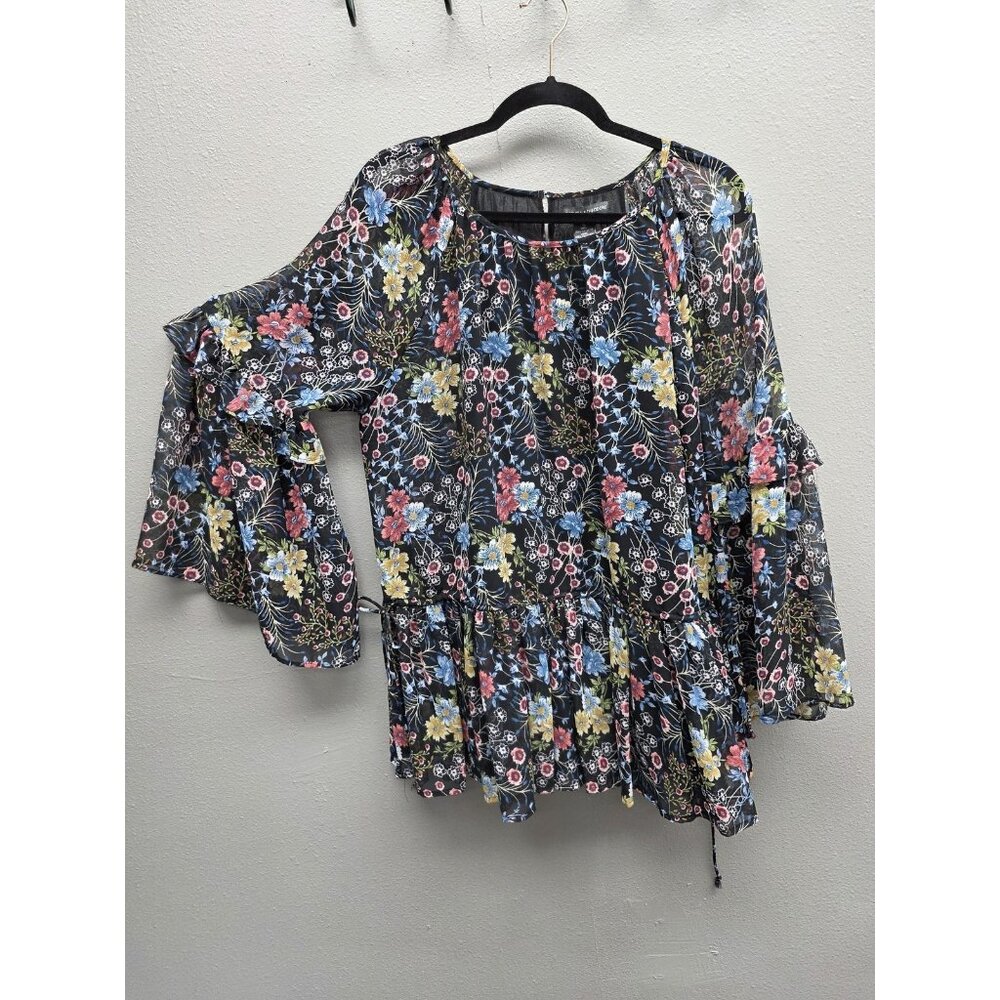 Chelsea & Theodore Blouse Womens XL Black Floral Ruffle Sheer Bell Sleeve Top